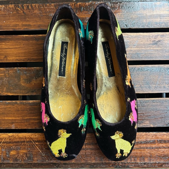 Vintage Beverly Feldman Velvet Beaded Embroidered Poodle Slip On Women’s Flats - Picture 2 of 5